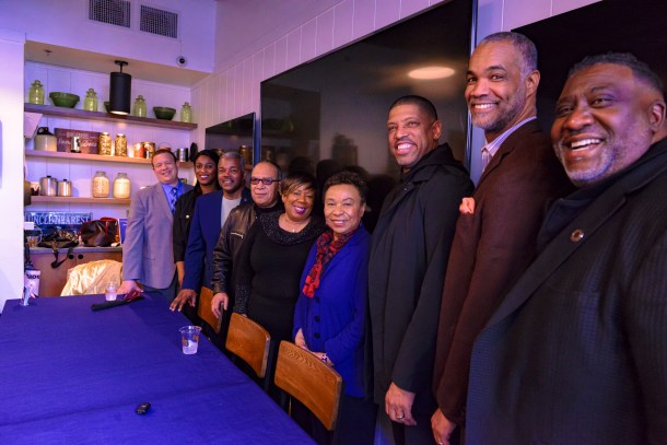 Rep. Barbara Lee and local Black leaders (from left) Garrett Gatewood, Porsche Middleton, Rick Jennings, Jay King, Betty Williams, Barbara Lee, Kevin Johnson, Larry Lee and Dr. Tecoy Porter. 
